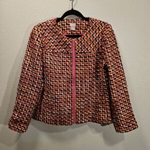 Chicos Multicolored Woven Tweed Zip Jacket Pink Career Women Size 8/10